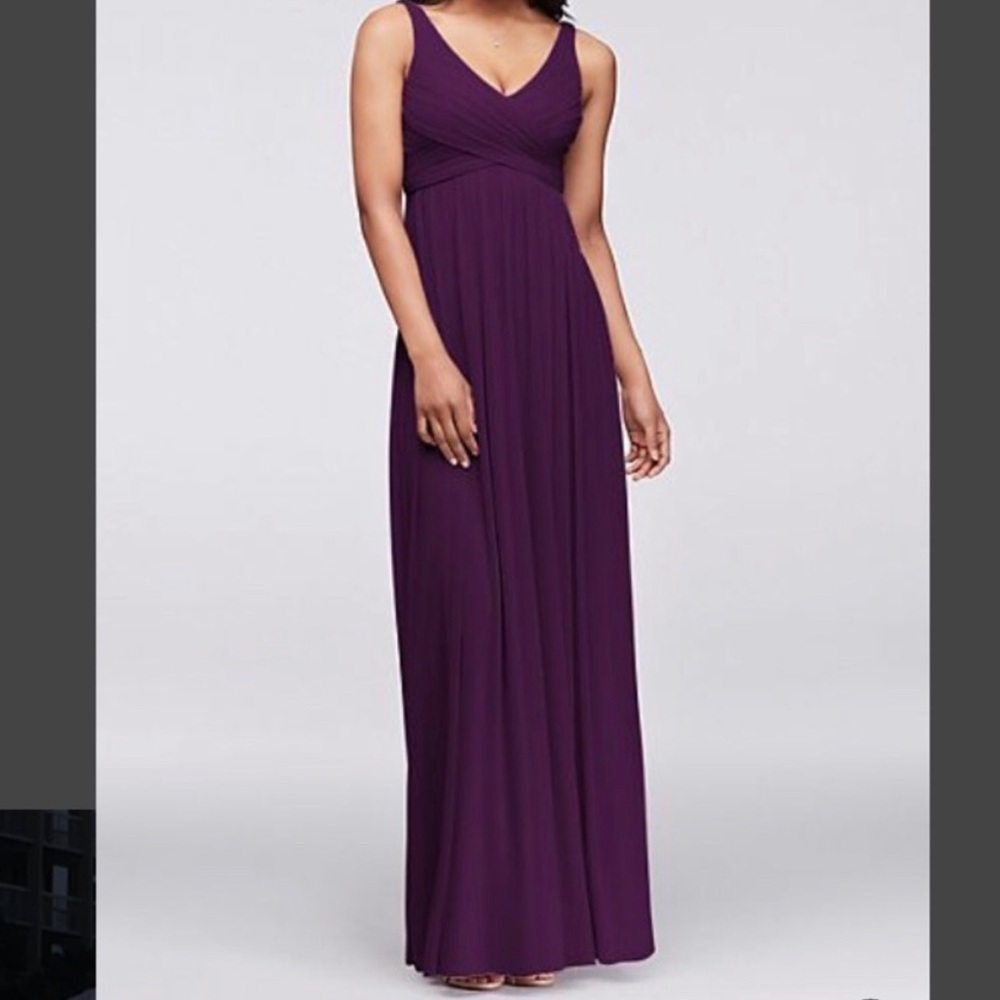 David’s Bridal Long Mesh Bridesmaids Dress with Cowl Neck in Plum f15933